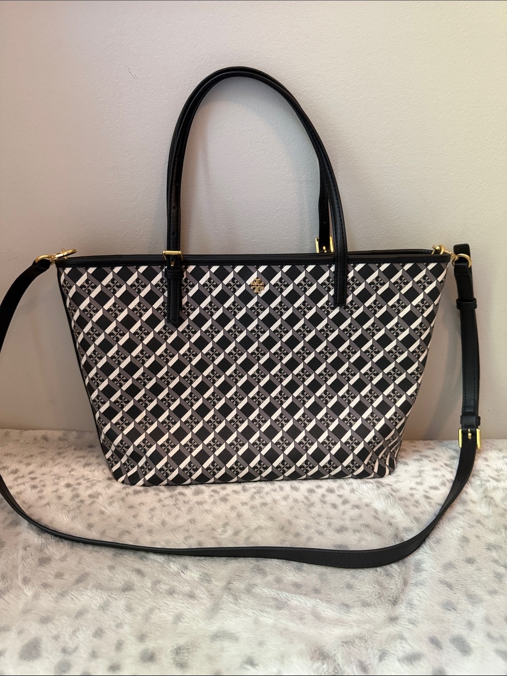 Tory Burch Black and Cream Logo Pattern Tote